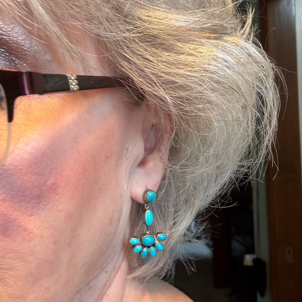 Native American Dangle Sterling Silver and Turquoise Earrings - Picture 2 of 6